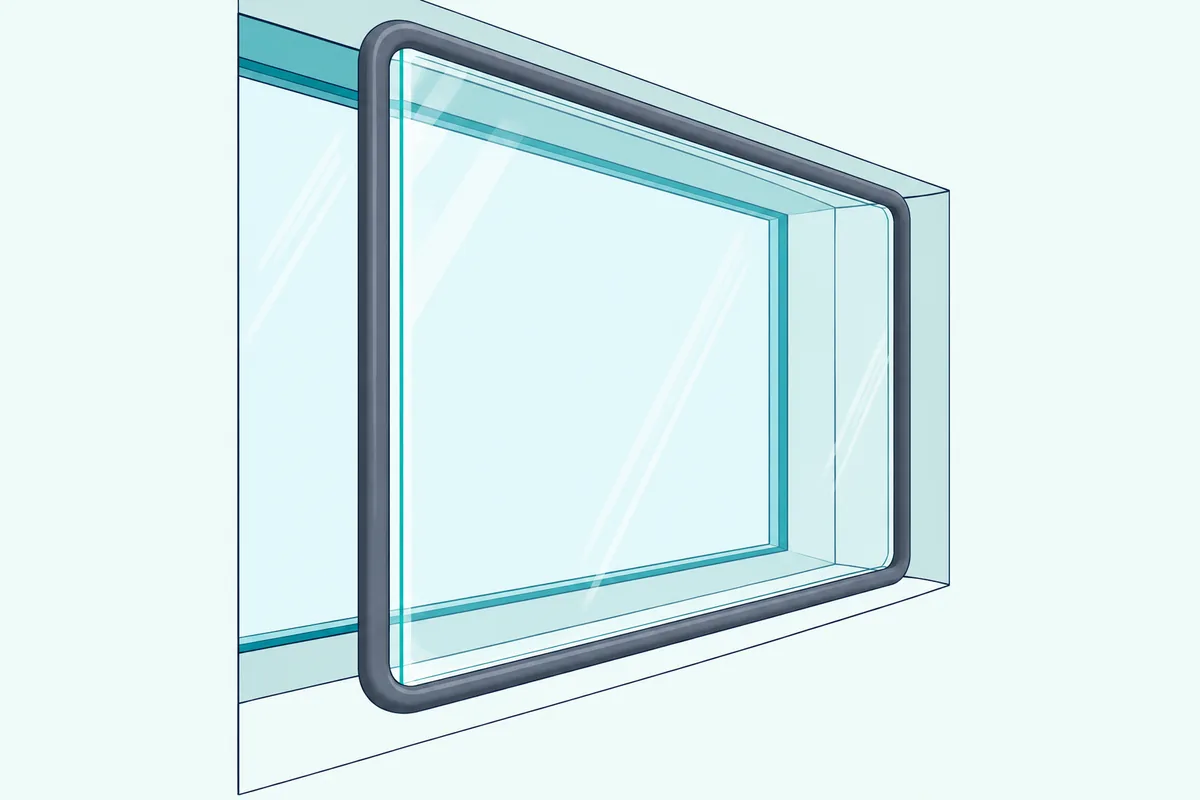 Clear acrylic window insert with a soft gray edge seated inside an apartment window frame, in front of the glass