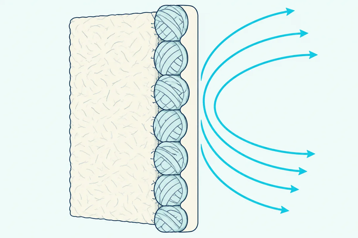 A close cutaway of primed canvas, with the weave filled by a smooth coating and sound waves bouncing back off its face