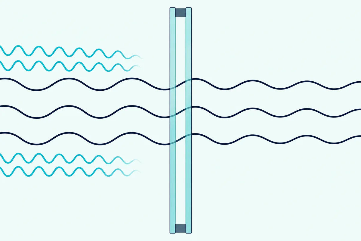 A close edge view of a sealed double glazed unit, with long low sound waves passing through its narrow air gap