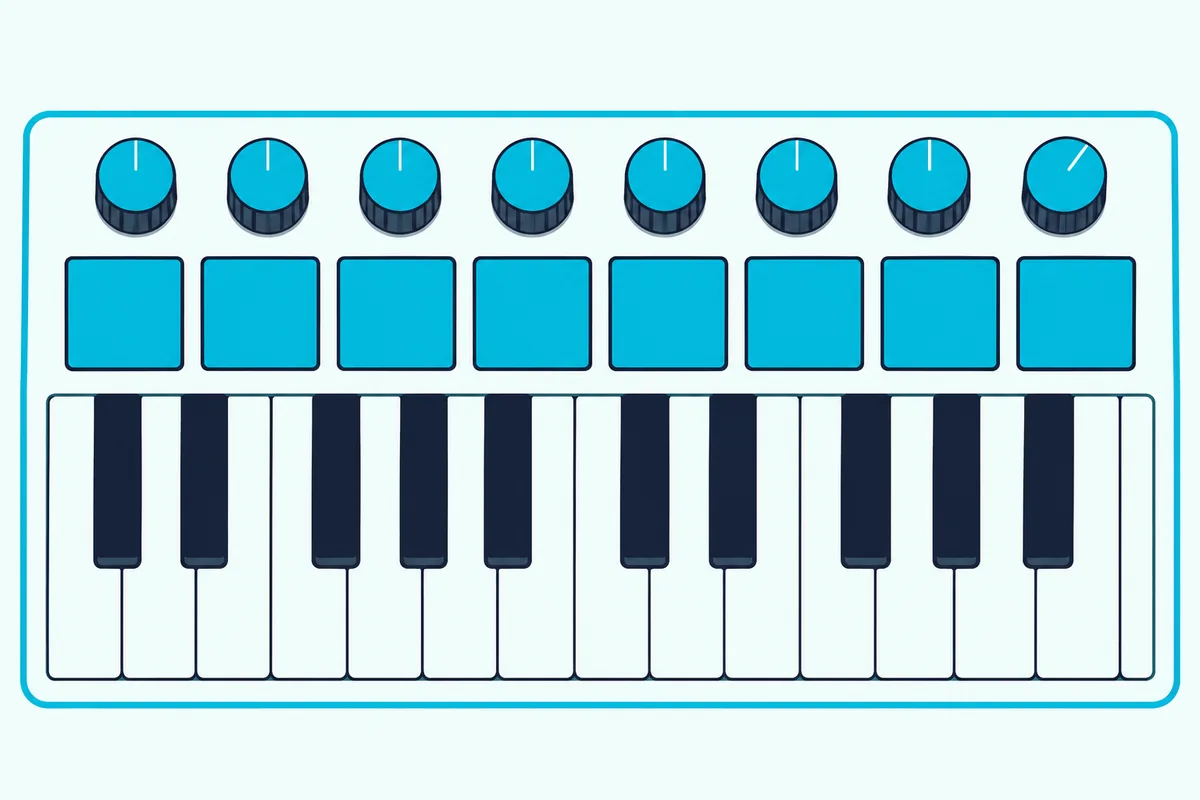 A close view of a MIDI keyboard's round knobs and square pads in a row above its white and black keys