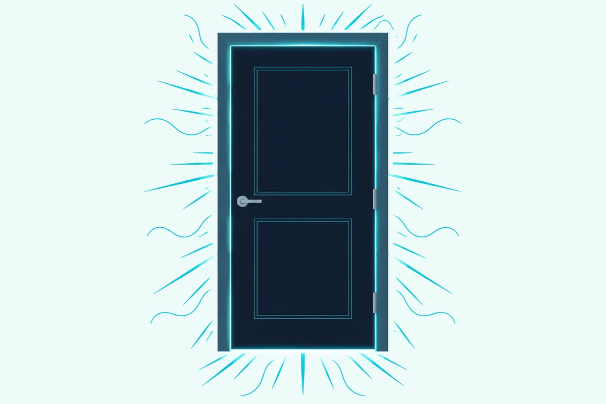 A closed door with narrow beams of light and sound lines escaping around its top, sides and bottom edges