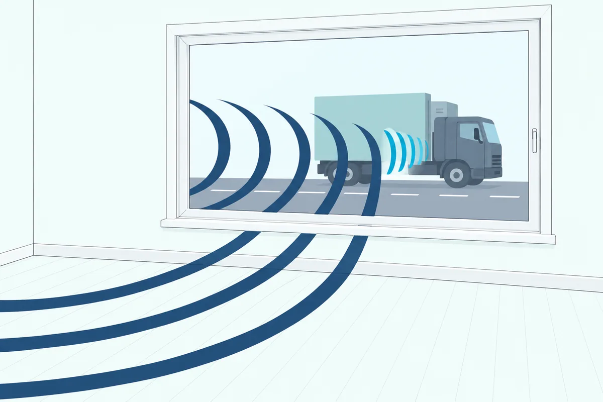A closed impact window in a living room wall, with long low sound waves from a passing truck crossing the glass