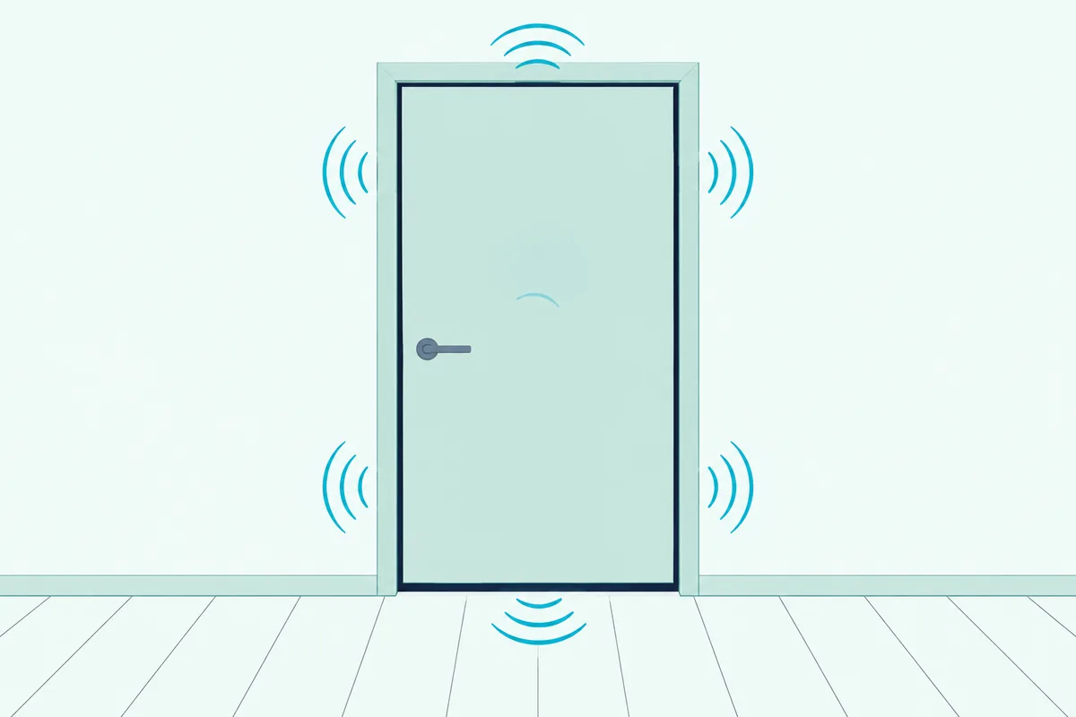 A closed interior door with sound waves slipping through the gap underneath and the thin gaps around its frame