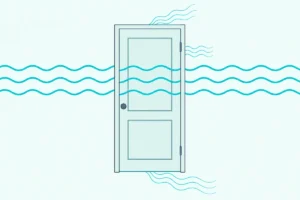 A closed paneled door in a wall with sound lines passing through the panel and leaking along its edges