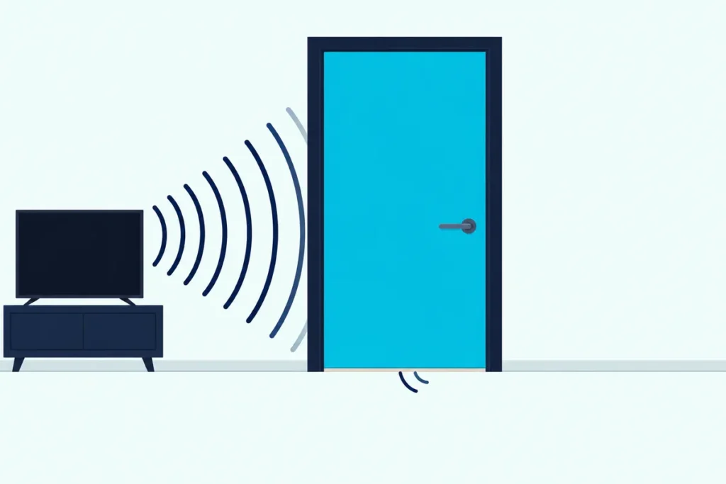 A closed solid core bedroom door holding back most of the sound from a hallway TV, with a little slipping underneath