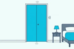 A closed two-panel bifold closet door in a bedroom wall with faint sound lines slipping out around its edges