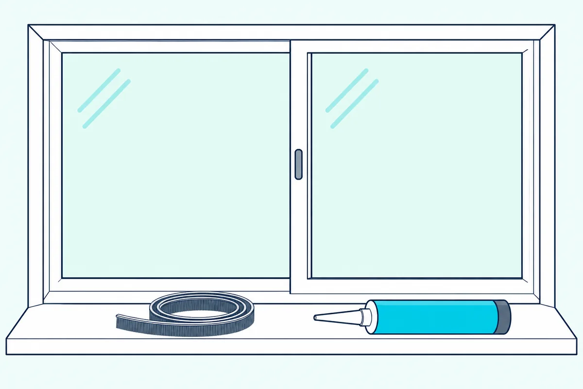 A coil of pile weatherstripping and a tube of acoustic caulk on a window sill below a closed window