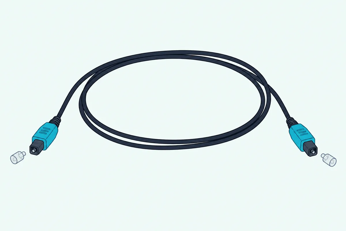 A coiled optical audio cable with its two plugs and two small clear protective caps lying beside it on a light surface