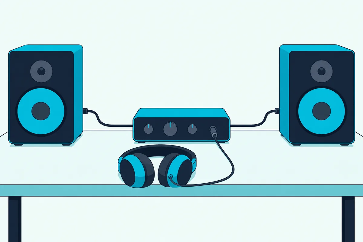 A compact audio interface cabled to two studio speakers, with a pair of headphones plugged into its front