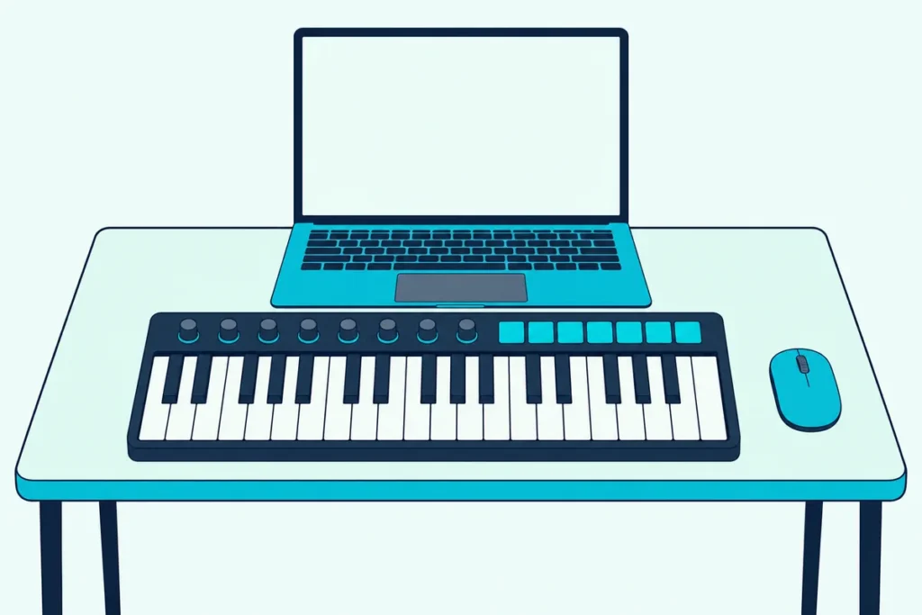 A compact desk with an open laptop, a 37-key MIDI controller with pads and knobs, and a mouse