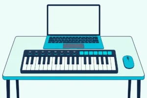 A compact desk with an open laptop, a 37-key MIDI controller with pads and knobs, and a mouse