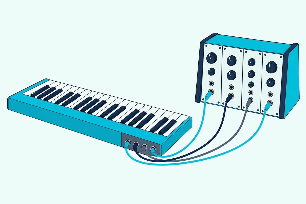 A compact keyboard connected by four short patch cables from its back panel to a small case of synth modules