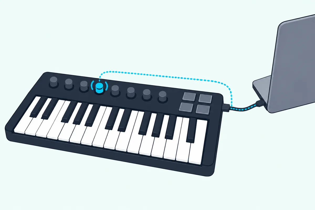 Compact keyboard controller with one knob glowing teal and a dotted line running along its cable to a laptop
