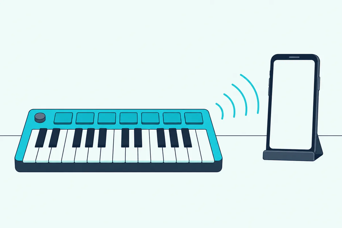 A compact keyboard on a table sending curved wireless arcs to a smartphone in a small stand, with no cables between them
