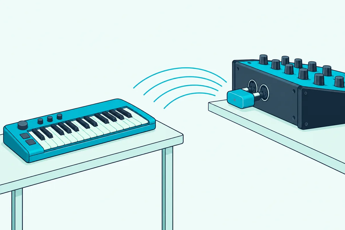 A compact keyboard sending curved wireless arcs across a room to a small adapter plugged into the back of a synthesizer