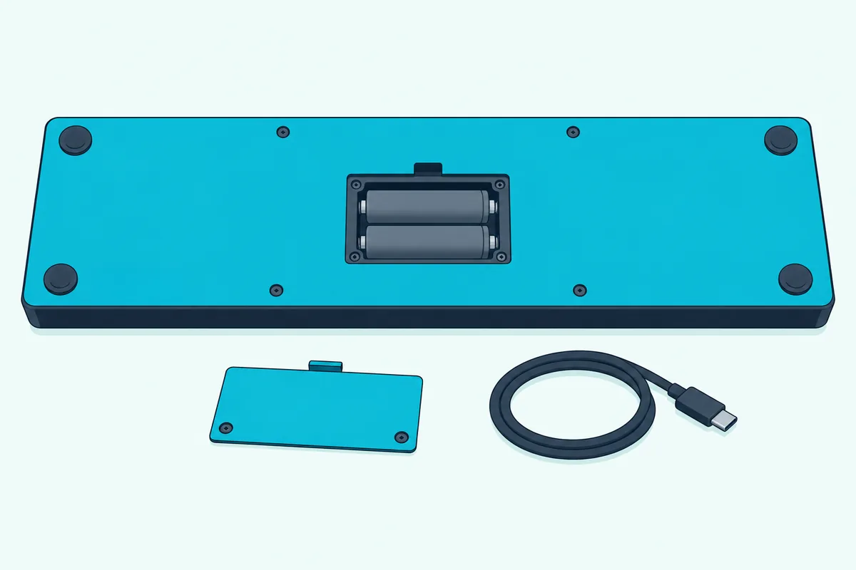 A compact keyboard turned over with its battery cover open showing two AA batteries beside a coiled USB cable