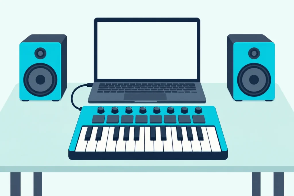 A compact MIDI keyboard in front of an open laptop with a blank screen, between two small desk speakers