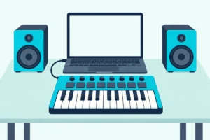 A compact MIDI keyboard in front of an open laptop with a blank screen, between two small desk speakers