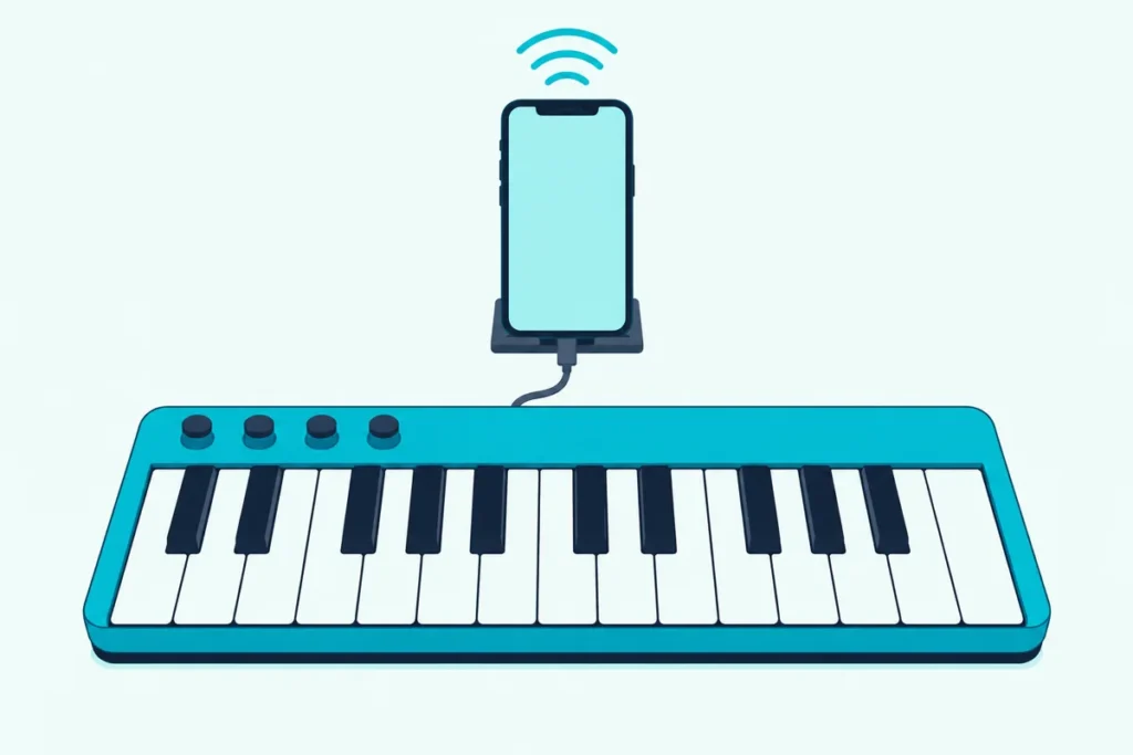 A compact MIDI keyboard joined by a short cable to a phone on a stand, with sound lines rising from the phone