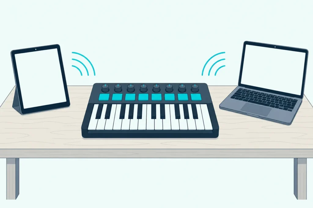 A compact MIDI keyboard on a desk sending wireless arcs to a tablet and a laptop, with no cables between them