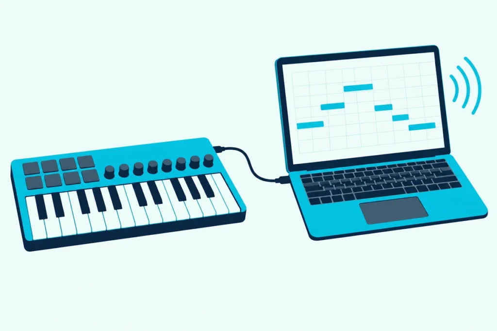 A compact keyboard with pads and knobs joined by one cable to a laptop showing a grid of note bars
