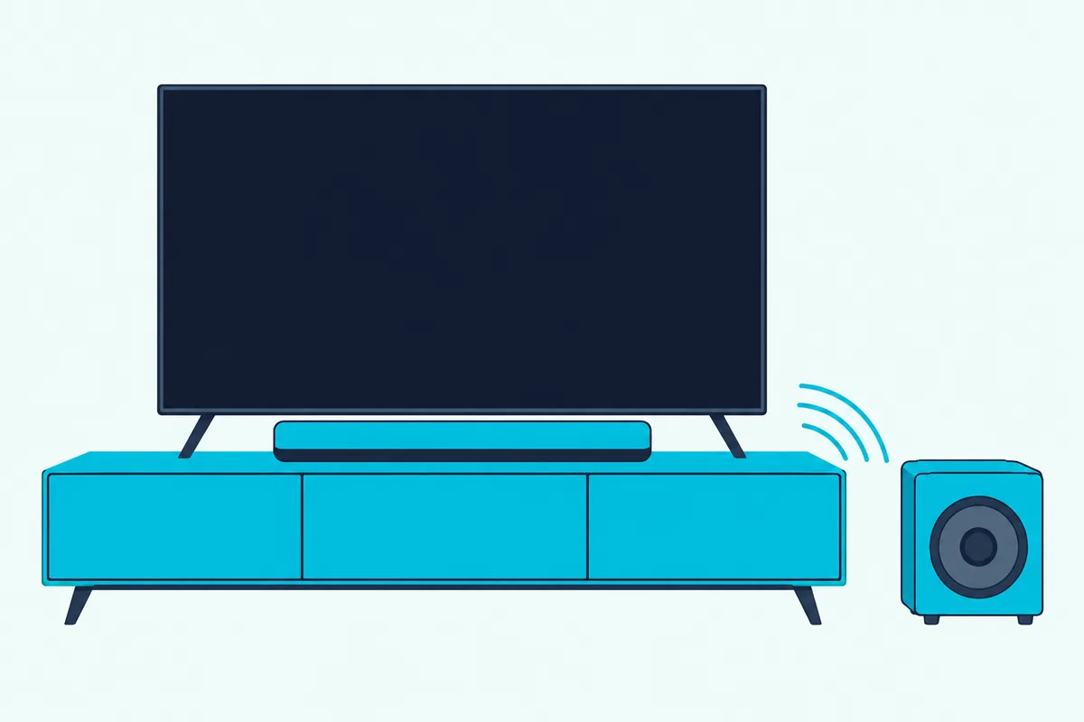 A compact soundbar under a TV with a small wireless subwoofer on the floor beside the stand