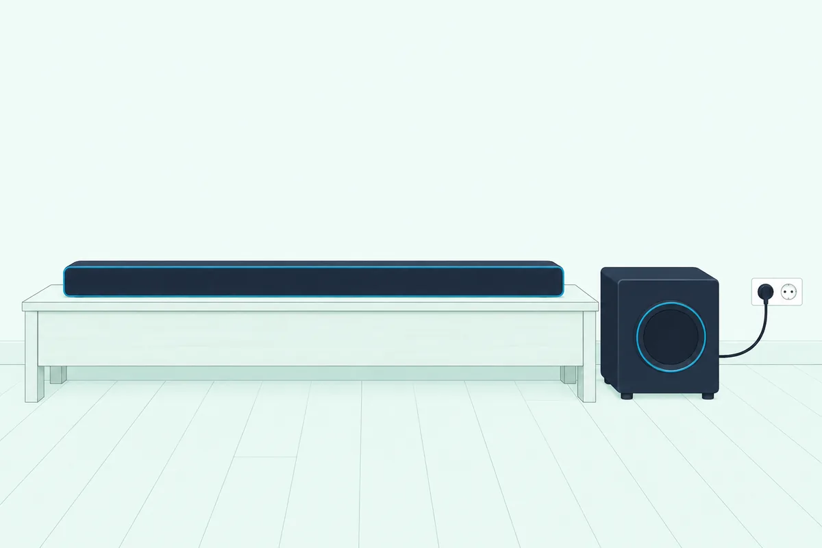 A compact subwoofer on a wooden floor, plugged into a wall outlet and moved close to a low stand holding a soundbar