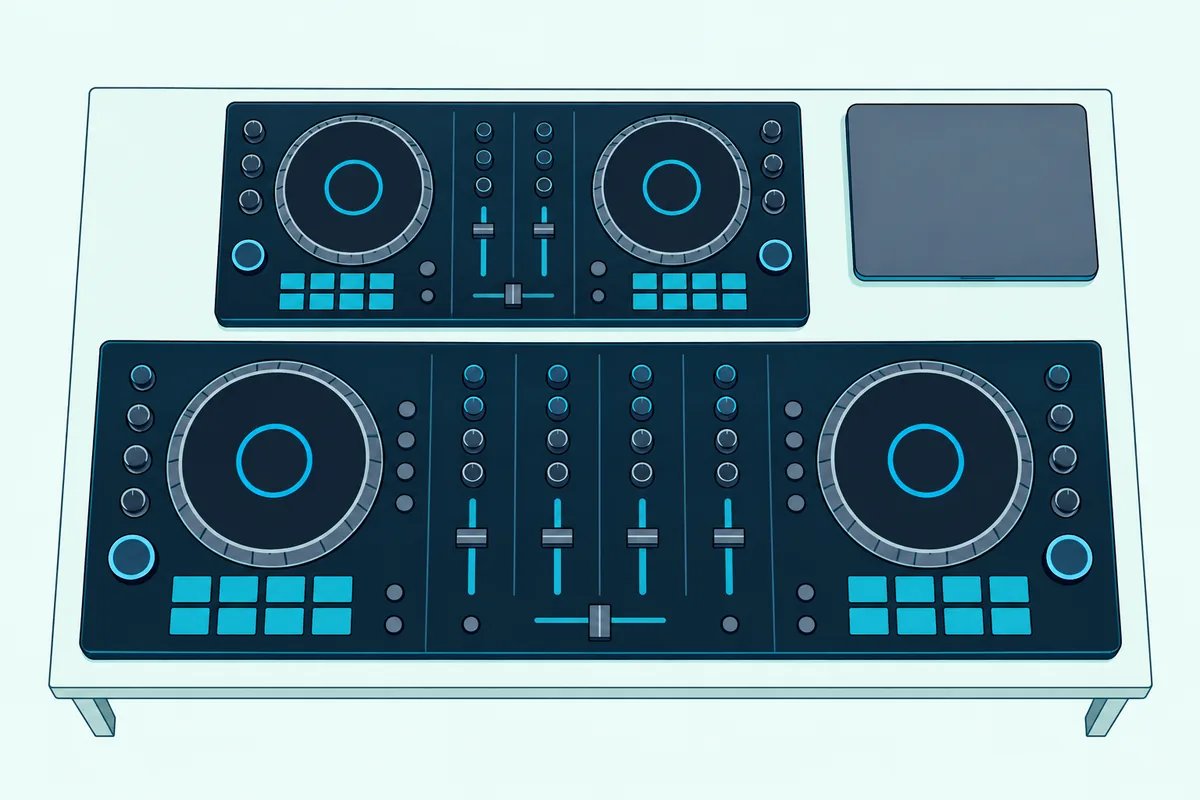 A compact two-channel DJ controller beside a much wider four-channel DJ controller on a wooden desk, both seen from above