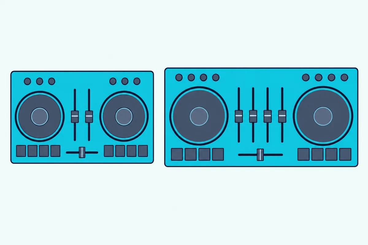 Compact two-channel DJ controller beside a wider four-channel DJ controller on a plain desk, seen from above