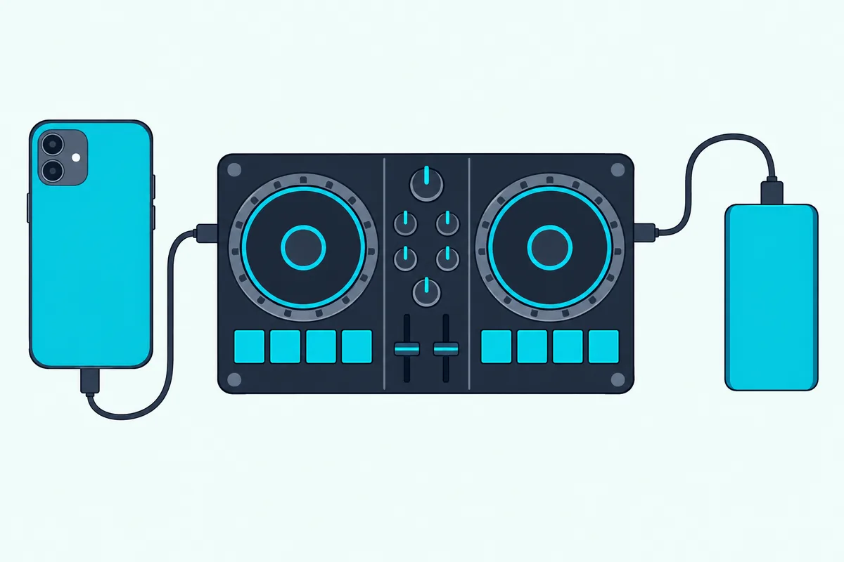 A compact two-deck DJ controller joined by one cable to a smartphone lying face down beside a small power bank on a desk