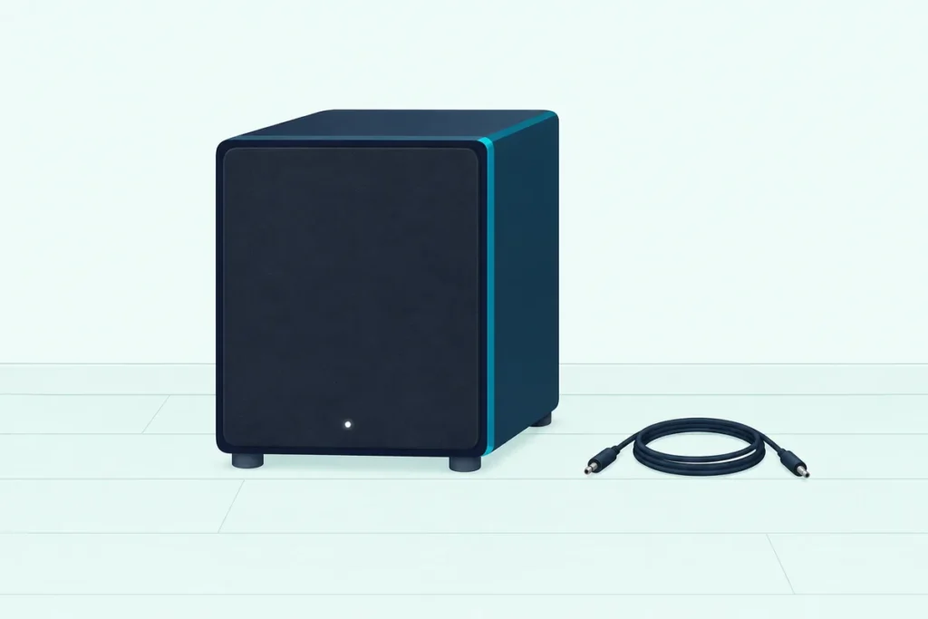 A compact wireless subwoofer alone on a wooden floor, an unused audio cable coiled beside it with nowhere to plug in