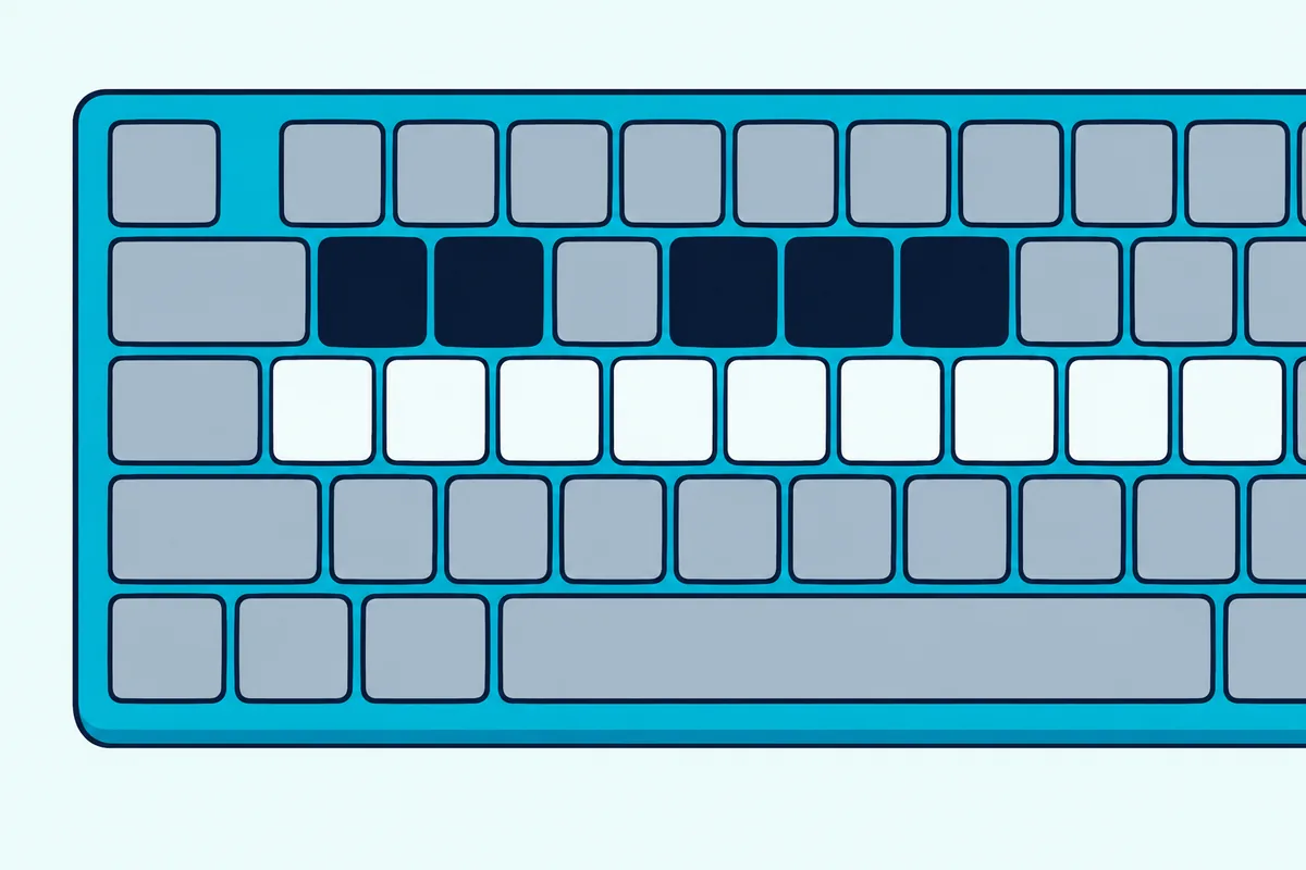 A computer keyboard with blank keycaps, its middle row pale like white piano keys and some upper keys dark like black keys