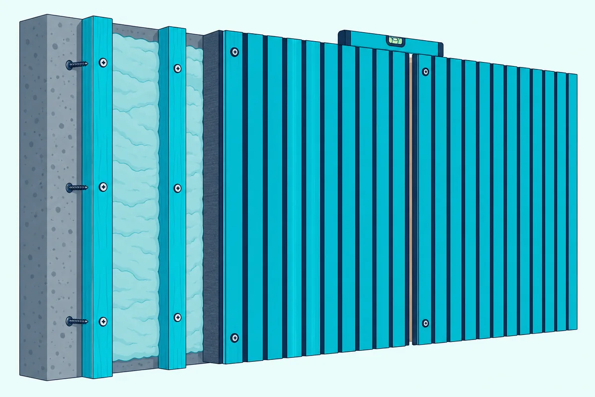A concrete wall with battens, wool between them and two slat panels screwed on with a small gap at the joint