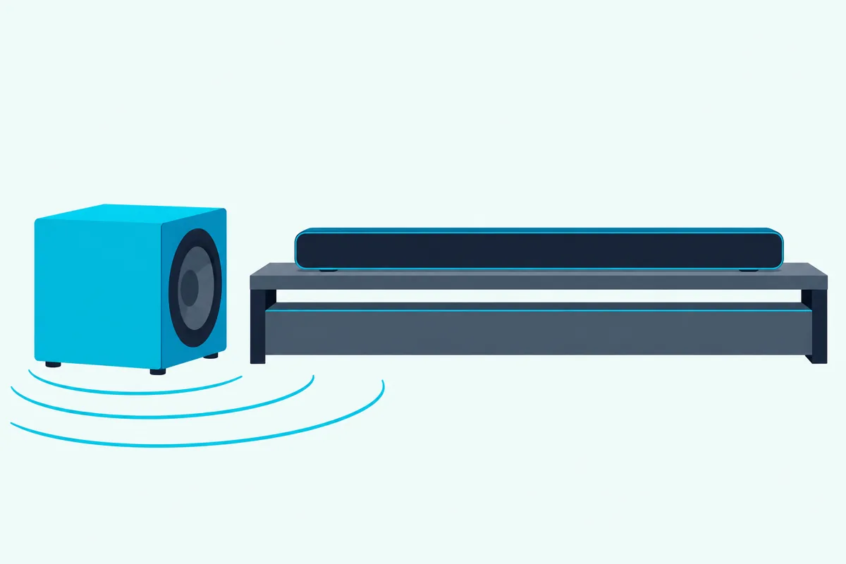 A cube-shaped wireless subwoofer on the floor beside a low stand holding a slim soundbar