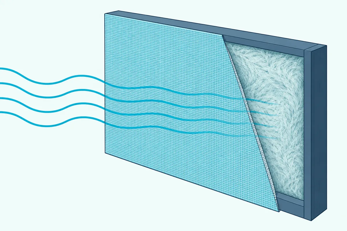 A cutaway acoustic panel with sound waves passing through its fabric face into the fibrous core behind it