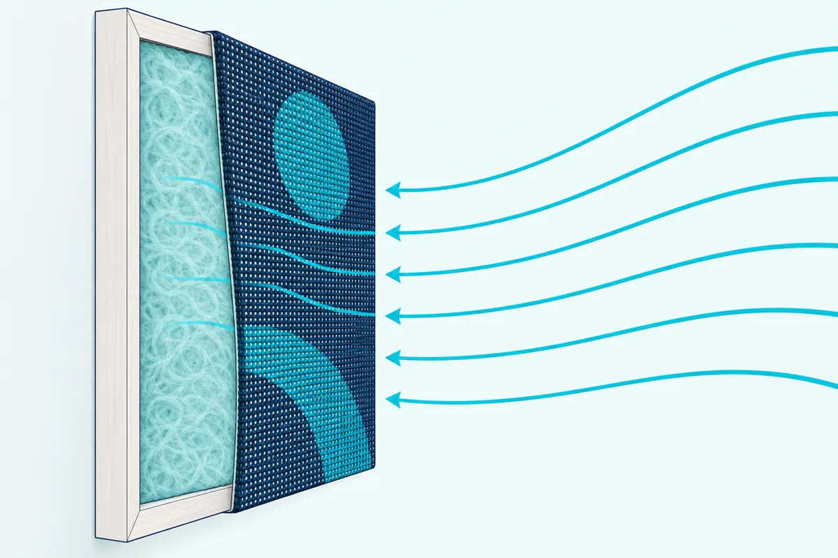 A cutaway of a canvas-style acoustic panel, with sound passing through a printed fabric face into a thick fibrous core