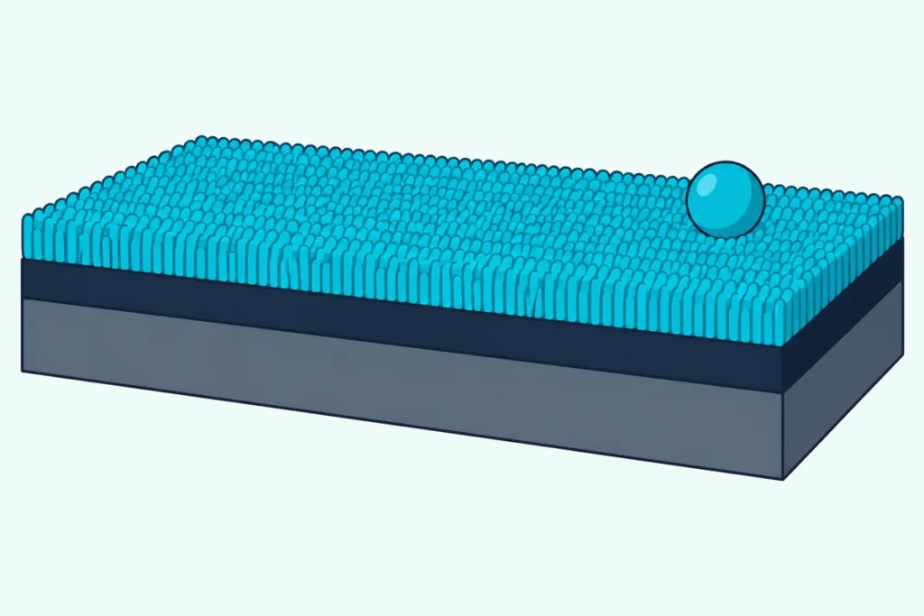 A cutaway of a carpeted floor with a dropped ball on its thick pile, a cushion layer underneath and a concrete slab below