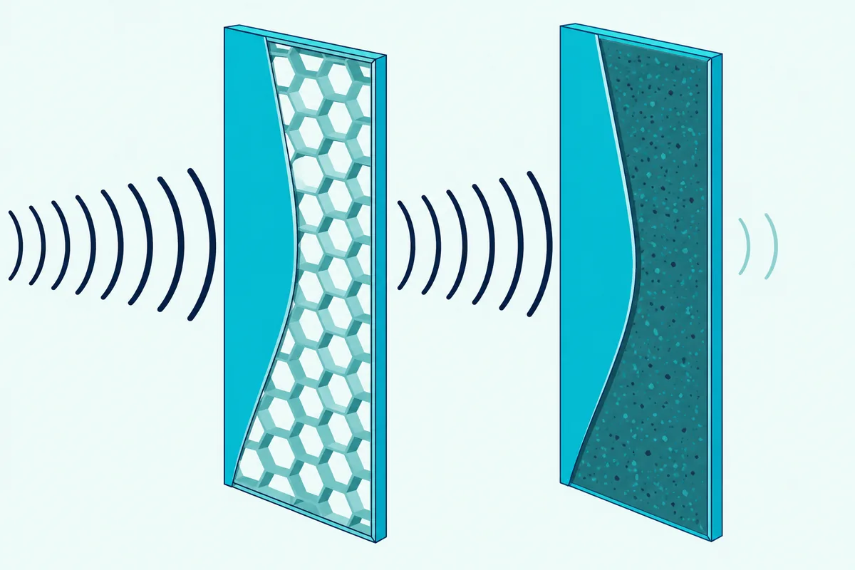 A cutaway of a hollow honeycomb door beside a dense solid core door, with fewer sound waves passing through the solid one