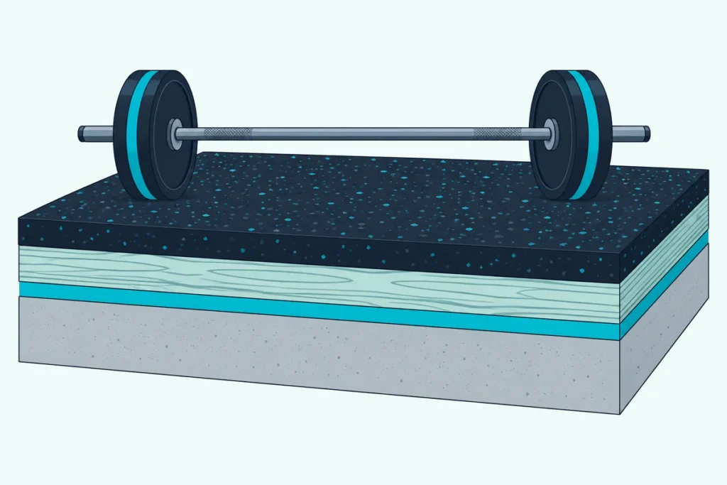A cutaway of a home gym floor with a barbell on a thick rubber tile over plywood, a resilient mat and a concrete slab