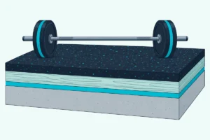 A cutaway of a home gym floor with a barbell on a thick rubber tile over plywood, a resilient mat and a concrete slab