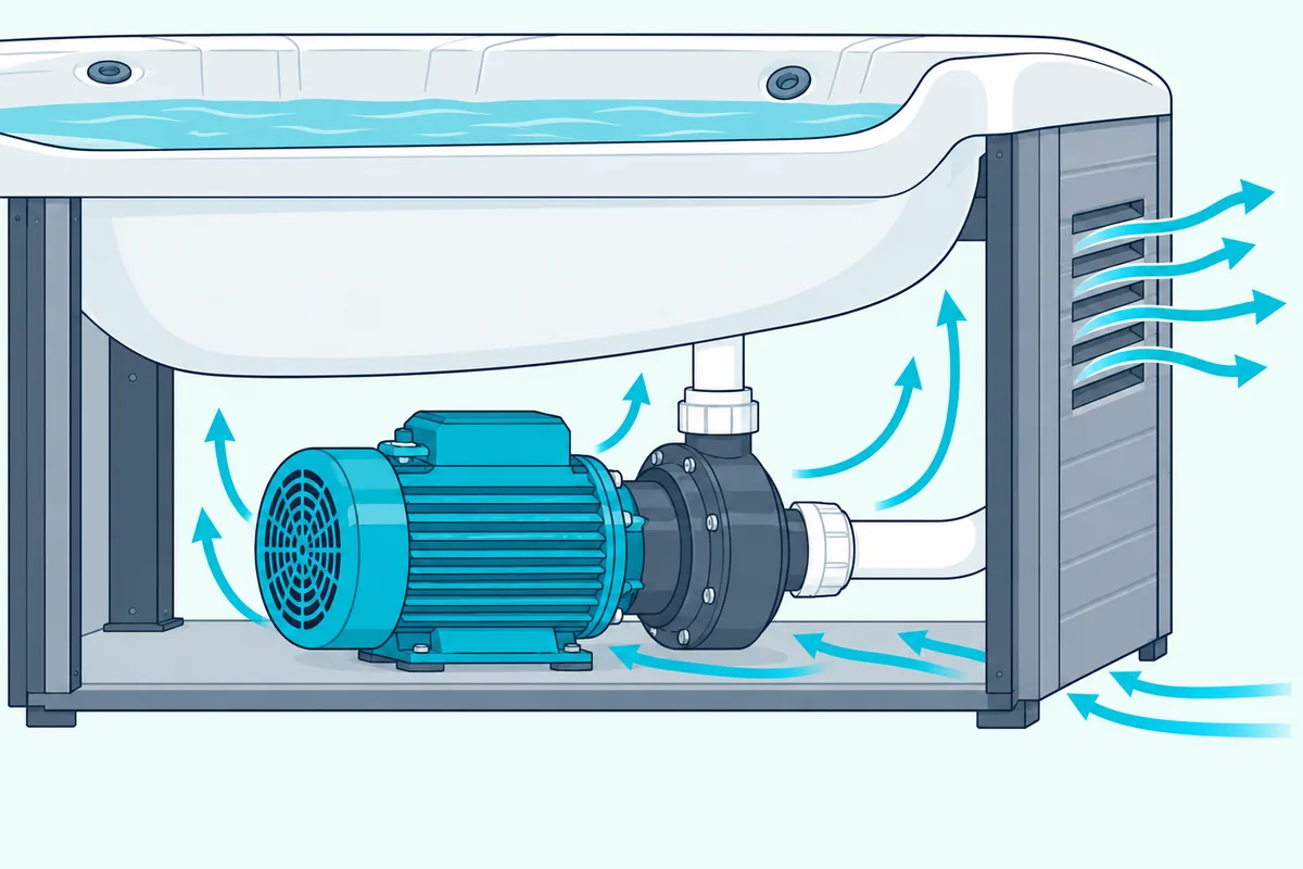 A cutaway of a hot tub's equipment bay, warm air leaving the pump motor through cabinet vents and a gap along the bottom