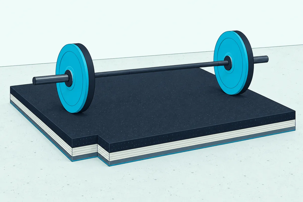 A lifting platform with a rubber top, a plywood middle and a resilient mat underneath, set apart from a wall