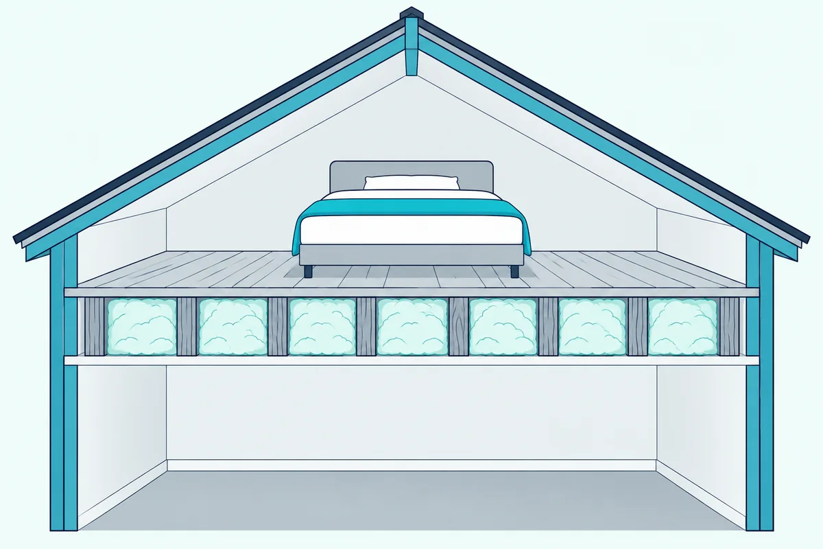A cutaway of a loft conversion floor with insulation between the joists under a sloped roof