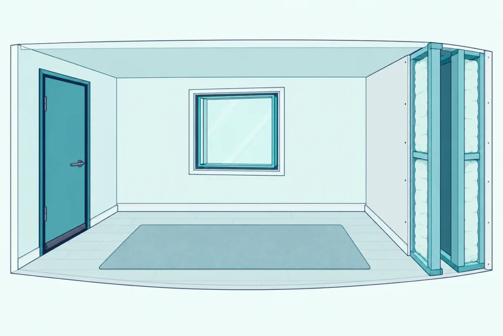 A cutaway of a room with a sealed solid door, a window with an inner insert and a double-stud wall filled with insulation