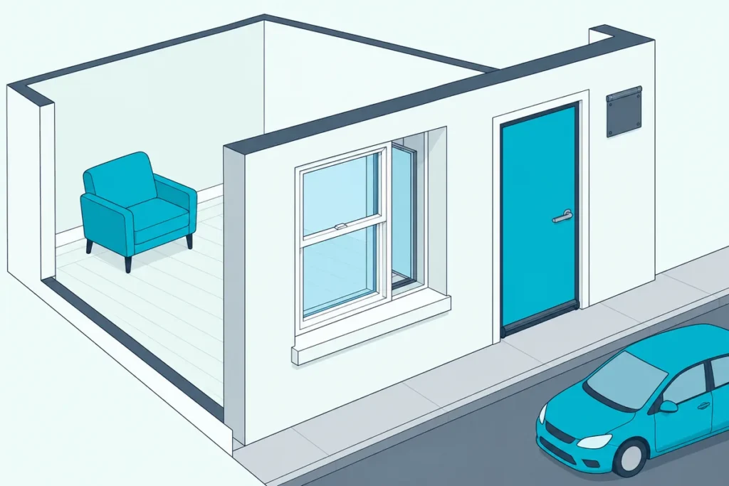 A cutaway of a street-facing room with a second window pane, a sealed exterior door and a covered vent