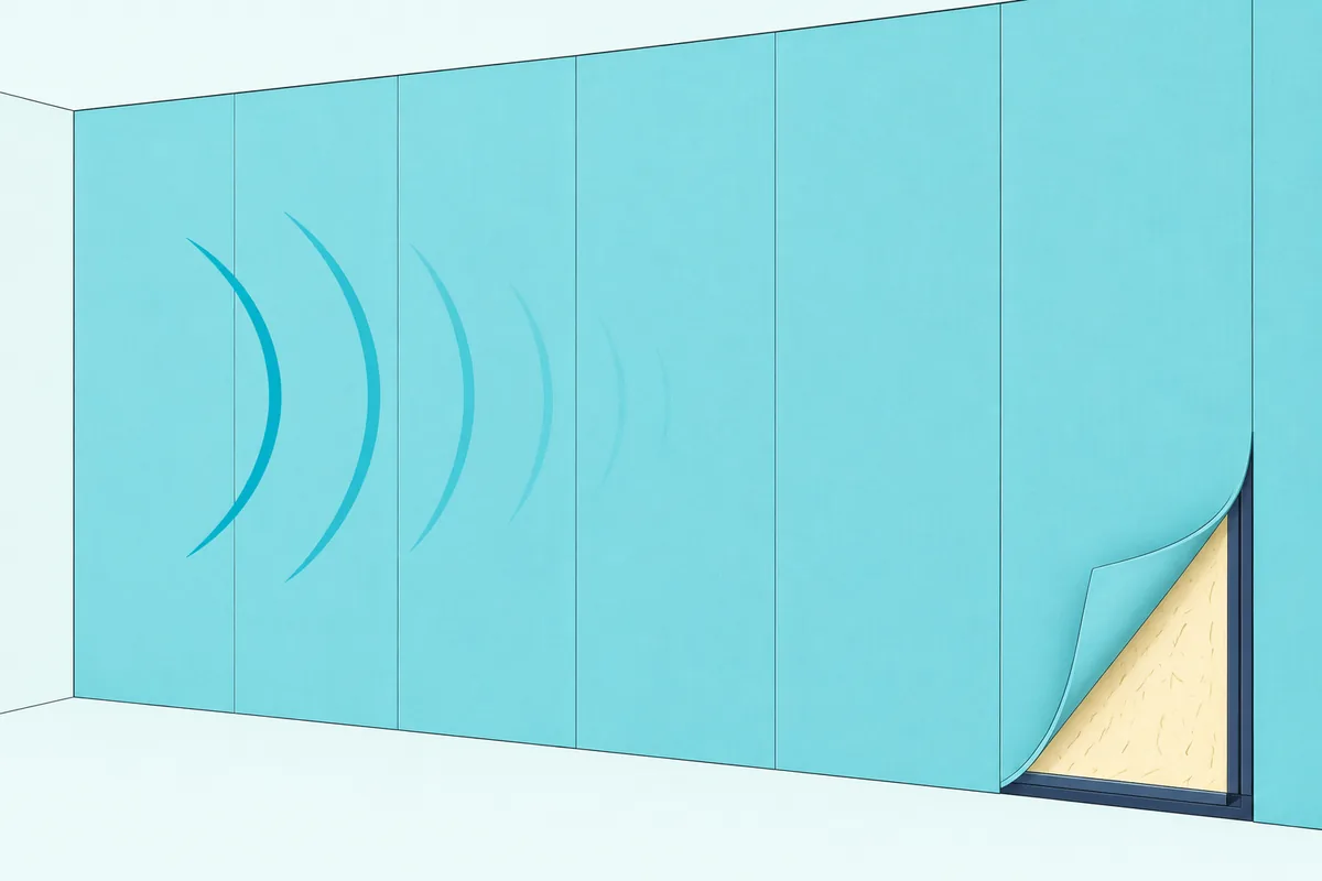 A cutaway of a stretched fabric wall, with the track, the fiberglass infill and the fabric stretched across the whole wall