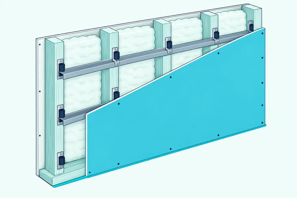 A cutaway of a stud wall with insulation, sealed edges and a new drywall layer mounted on clips and channel
