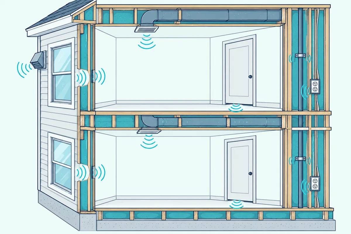 House cutaway showing sound passing through a window, the gap under a door, a duct grille and a pipe clamped to a stud