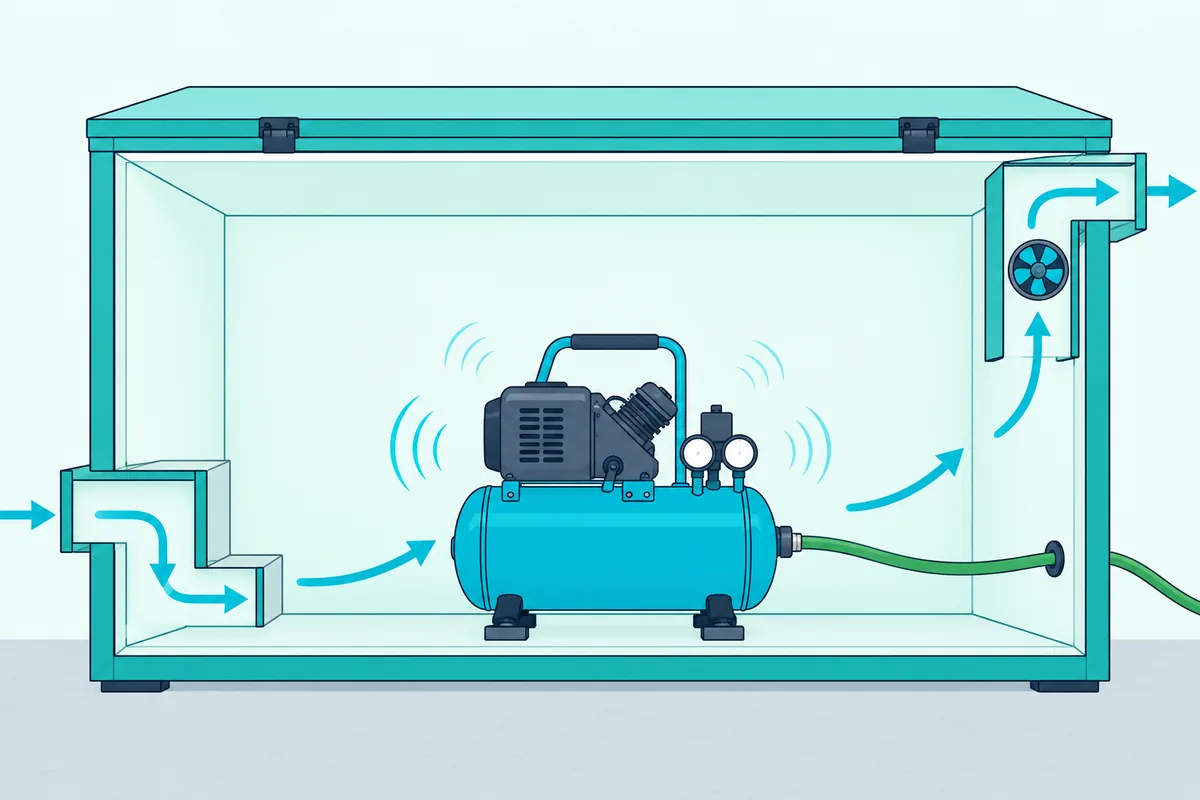 A cutaway of a ventilated box around an air compressor, with lined, bent air ducts, an exhaust fan and space on every side