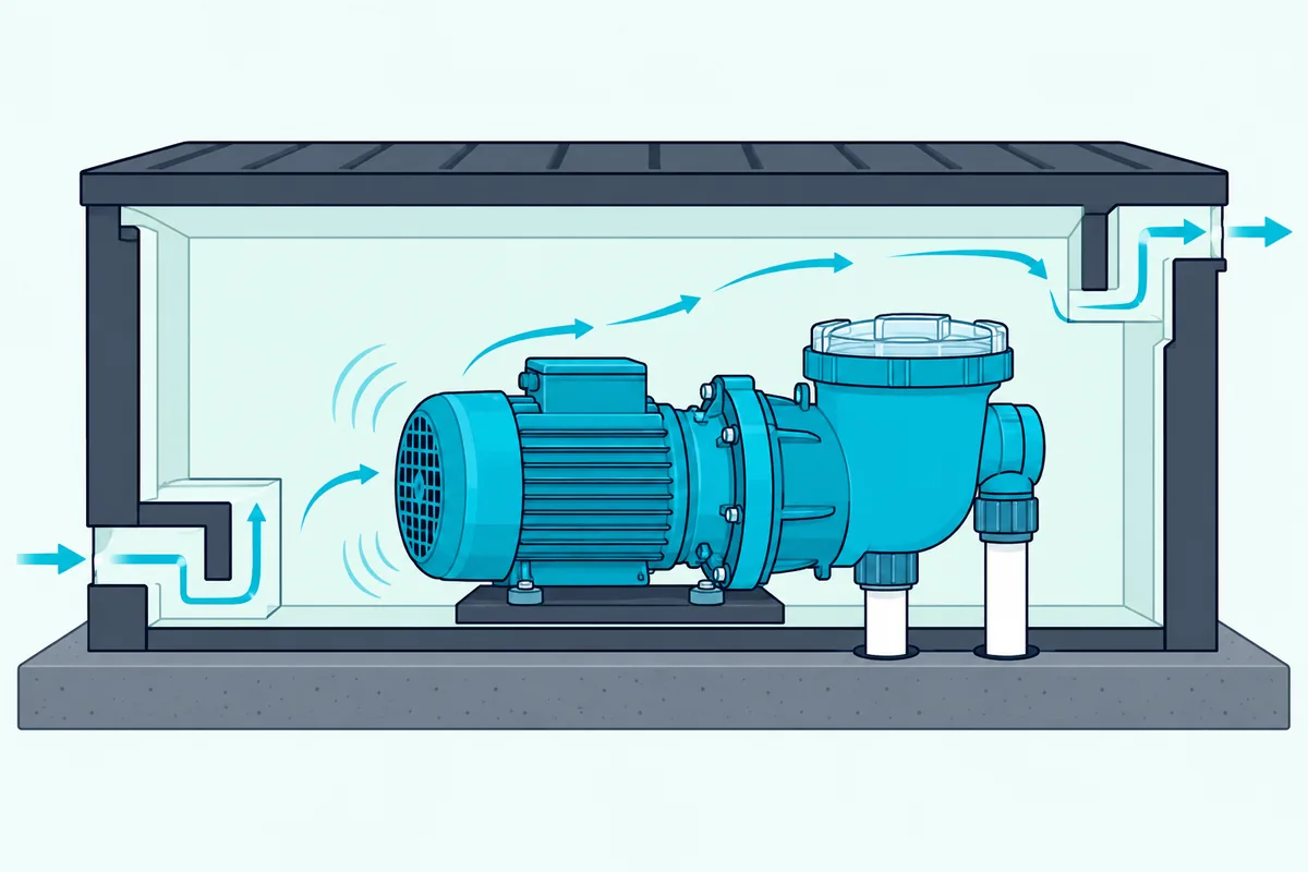 A cutaway of a ventilated enclosure around a pool pump, with lined, bent air passages and space behind the motor fan